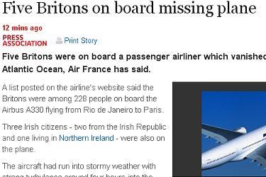 "Five Britons were on board a passenger airliner which vanished over the Atlantic Ocean, Air France has said."